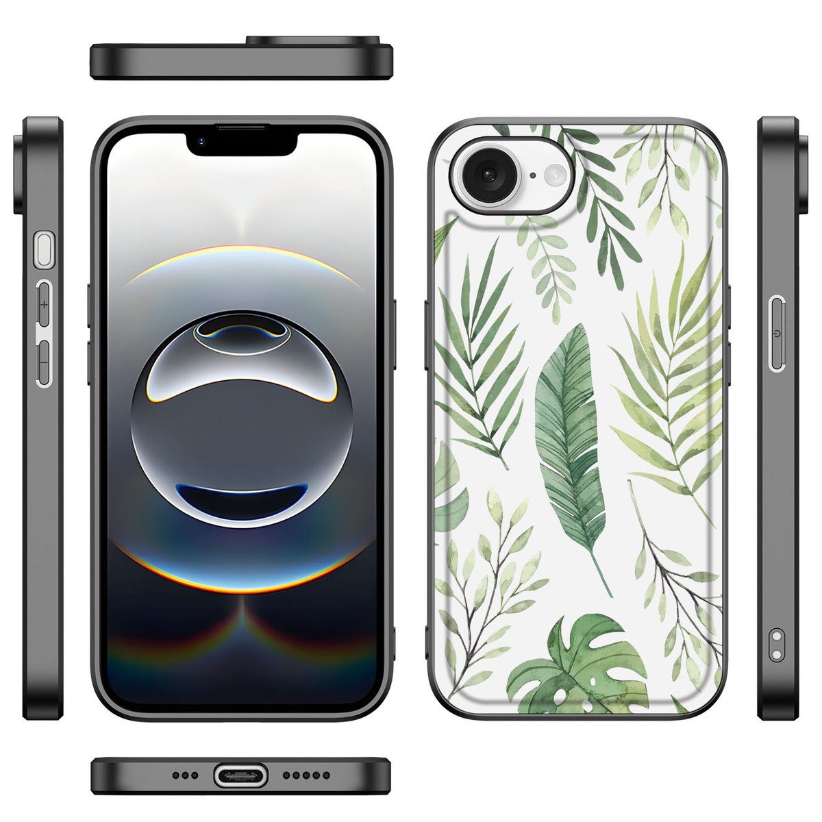 iPhone 16e Bloemen Hoesje Leaves met plantenprint en schokabsorberend TPU materiaal voor bescherming en stijl.
