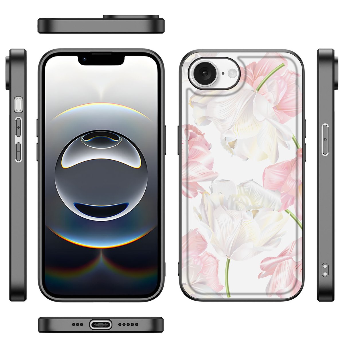 iPhone 16e Bloemen Hoesje Lovely Flowers met bloemenprint en zwarte randen, perfect voor bescherming en stijl.