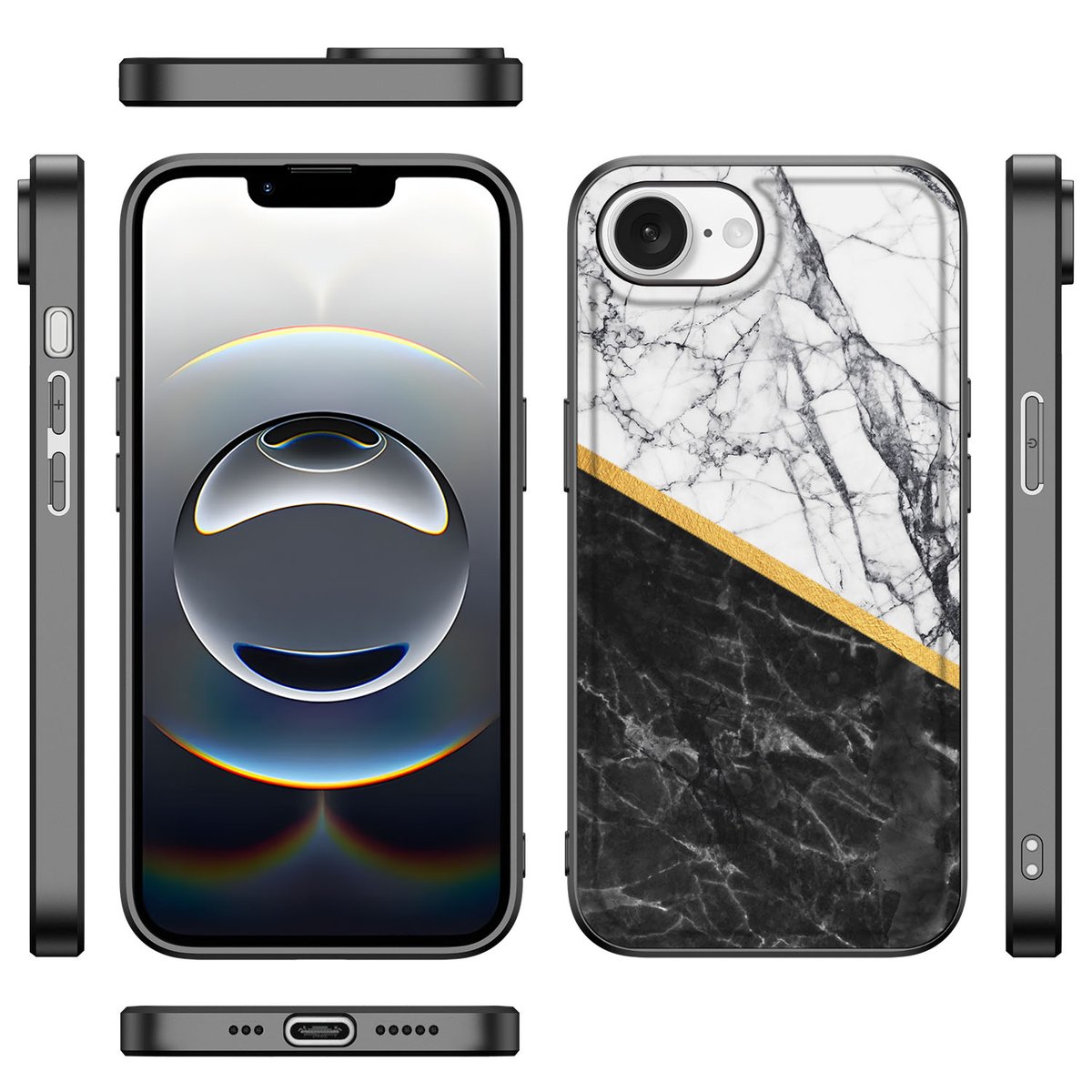 iPhone 16e Marmeren Print Telefoonhoesje Marmer Wit Zwart - Origineel Cadeau Man met stenen print en zwarte randen.