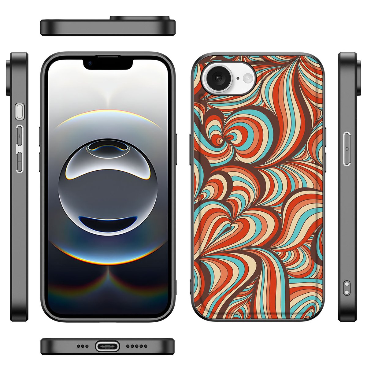 iPhone 16e Leuk Telefoonhoesje Retro met kleurrijk abstracte patronen en schokabsorberend ontwerp.