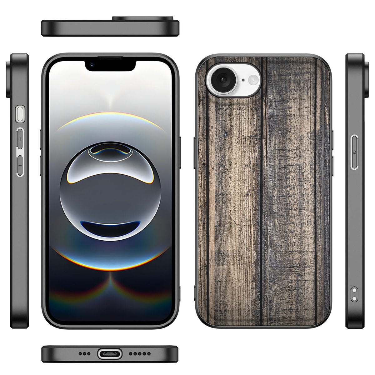 iPhone 16e Houten Print Telefoonhoesje Steigerhout in houtprint design met zwarte randen.