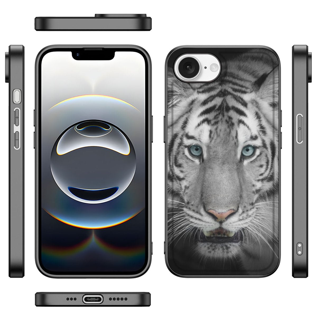 iPhone 16e Dierenprint Telefoonhoesje Tijger met tijgerprint design en zwarte randen.