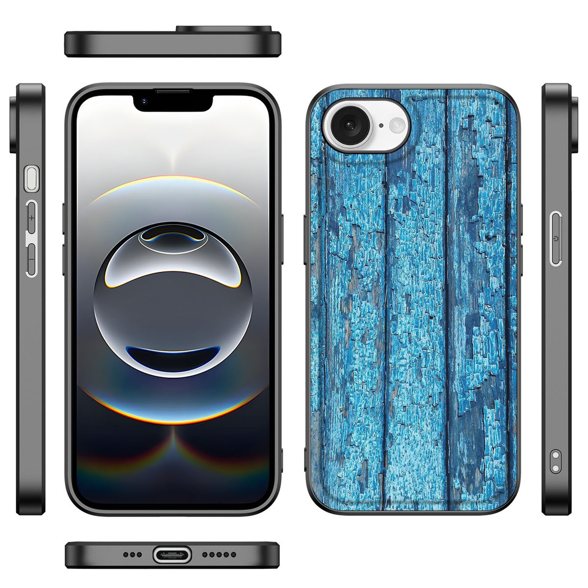 iPhone 16e Houten Print Telefoonhoesje Wood Blue met een opvallende houtprint in blauw op de achterkant.