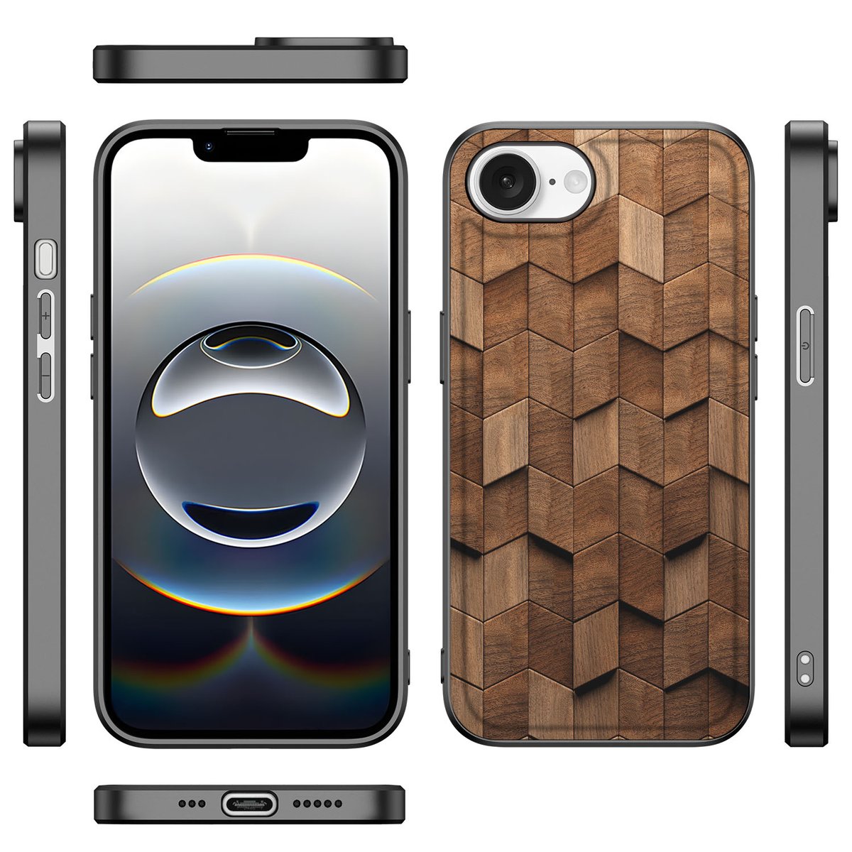 Houten Print Telefoonhoesje voor iPhone 16e Wooden Cubes met uniek houten design en hexagonale structuur.
