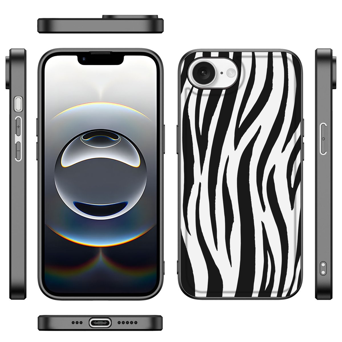 iPhone 16e Dierenprint Telefoonhoesje Zebra met zwart-witte zebra print, TPU materiaal en zwarte randen voor bescherming.