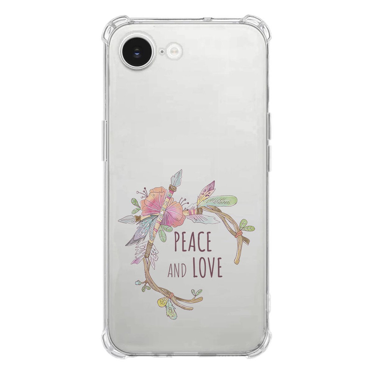 Apple iPhone 16e Hoesje - Boho Text TPU Antishock met bloemen en tekst 'Peace and Love'.