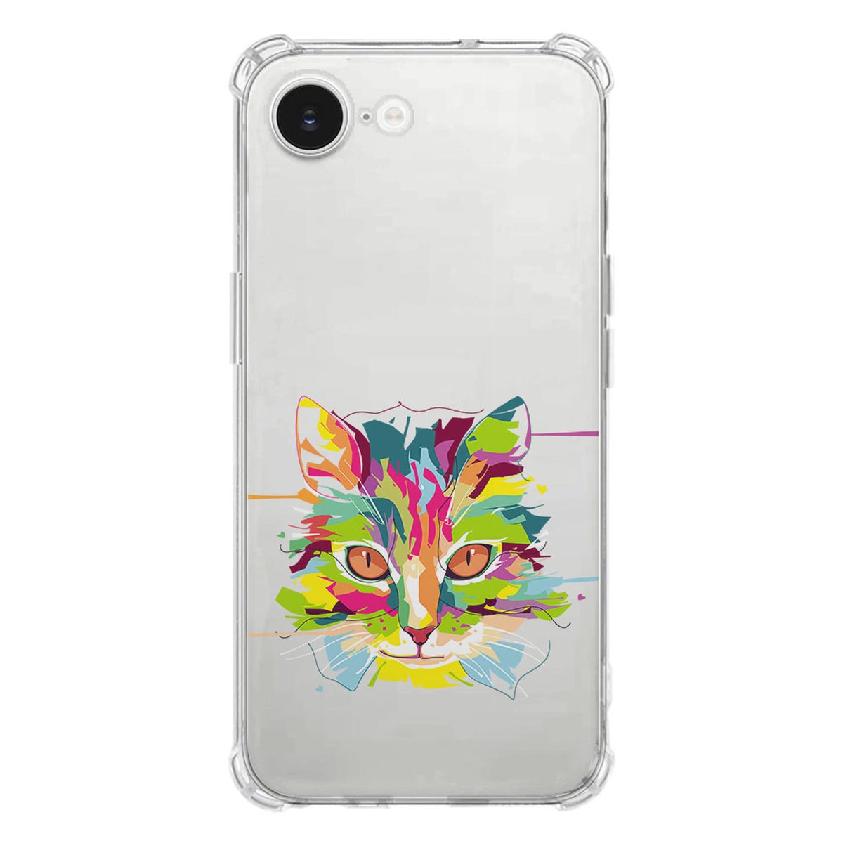 Apple iPhone 16e Hoesje - Cat Color TPU Antishock met kleurrijke kattenafbeelding op transparante achtergrond.