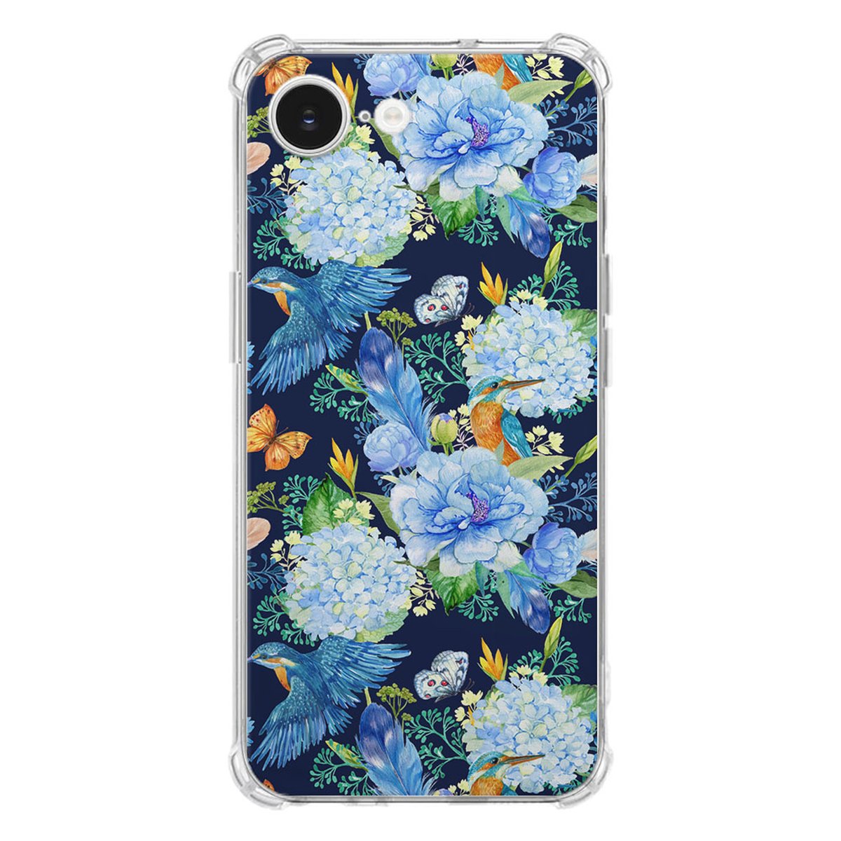 Apple iPhone 16e Hoesje - IJsvogel TPU Antishock met bloem- en ijsvogelprint op transparante achtergrond