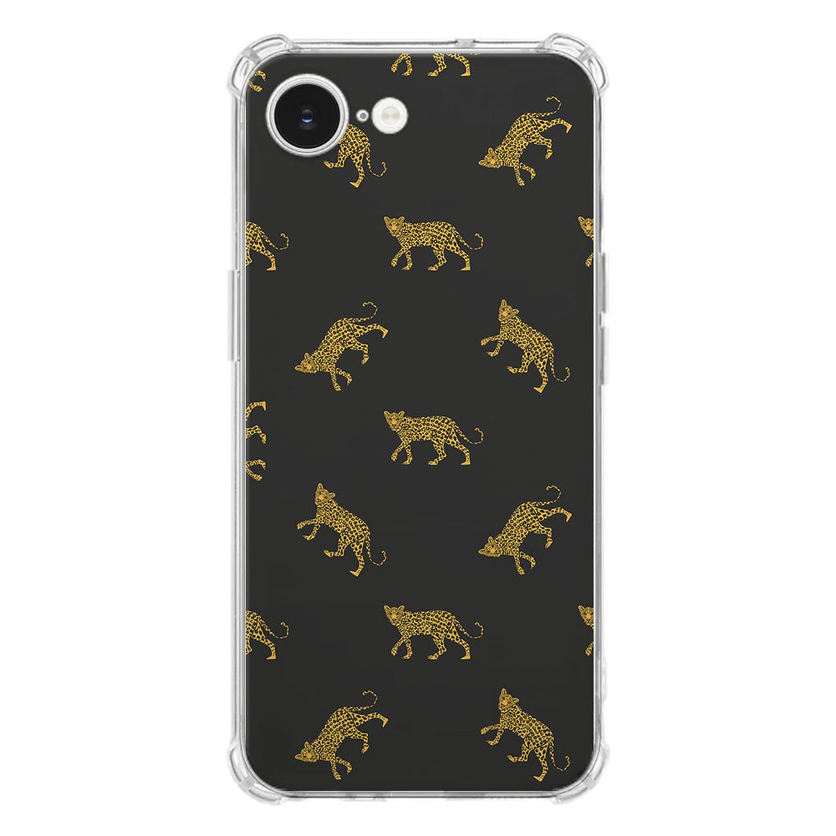 Apple iPhone 16e Hoesje - Leopards TPU Antishock met goudkleurige luipaardprint op zwart