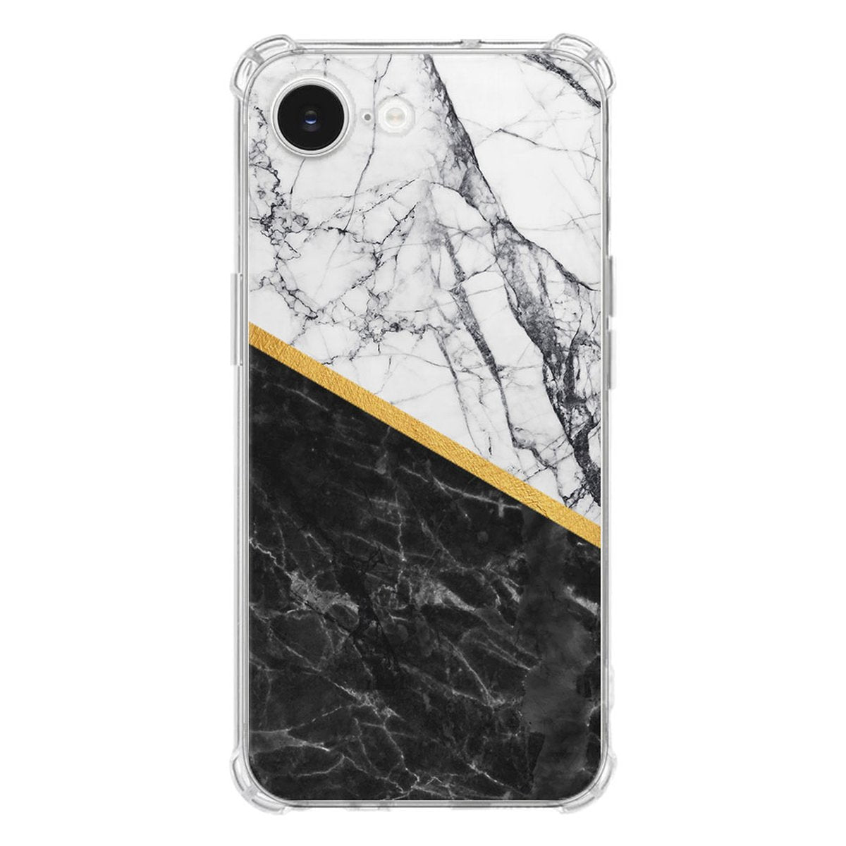 Apple iPhone 16e Hoesje - Marble White Black TPU Antishock met marmerpatroon en gouden accent.
