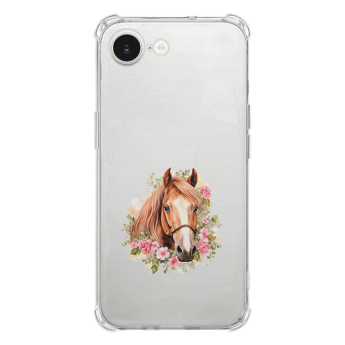 Apple iPhone 16e Hoesje - Paard TPU Antishock met schattige paardenafbeelding en bloemen.