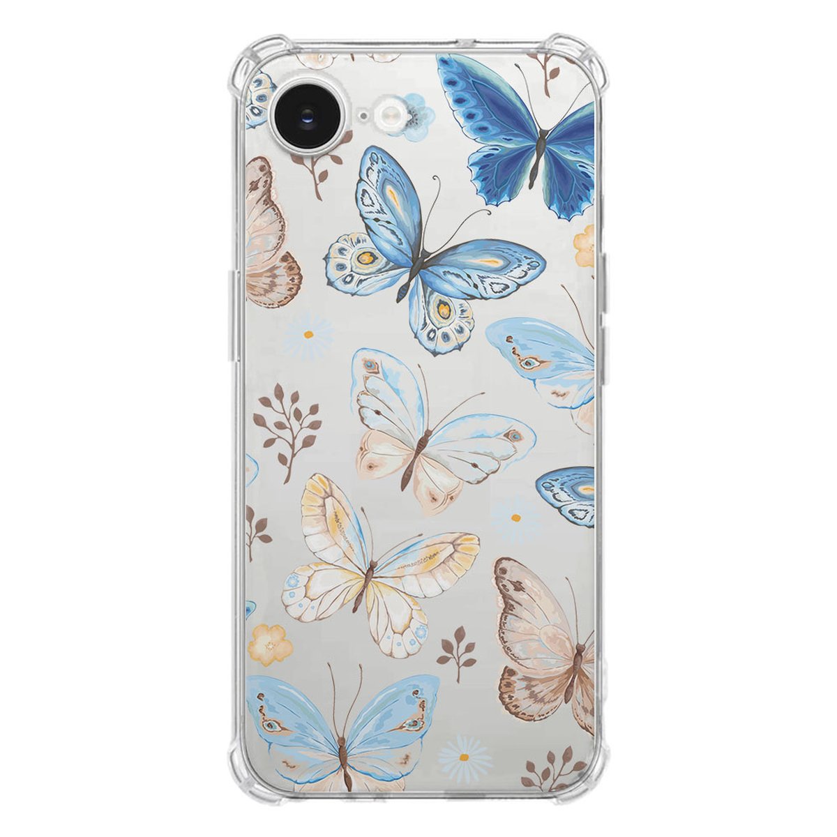 Apple iPhone 16e Hoesje - Vlinder TPU Antishock met kleurrijke vlinders op een doorschijnende achtergrond.