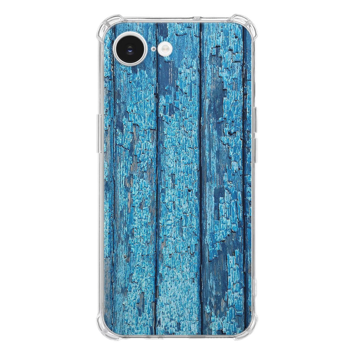 Apple iPhone 16e Hoesje - Wood Blue TPU Antishock met een blauwe houtlook en schokbestendige bescherming.