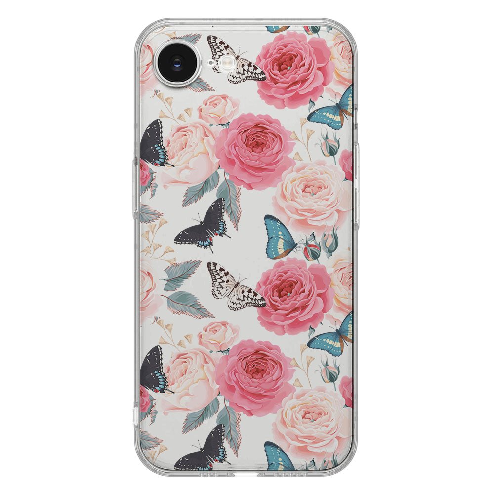 TPU Hoesje iPhone 16e - Butterfly Roses Backcover met vlinders en rozen design op transparante siliconen case.