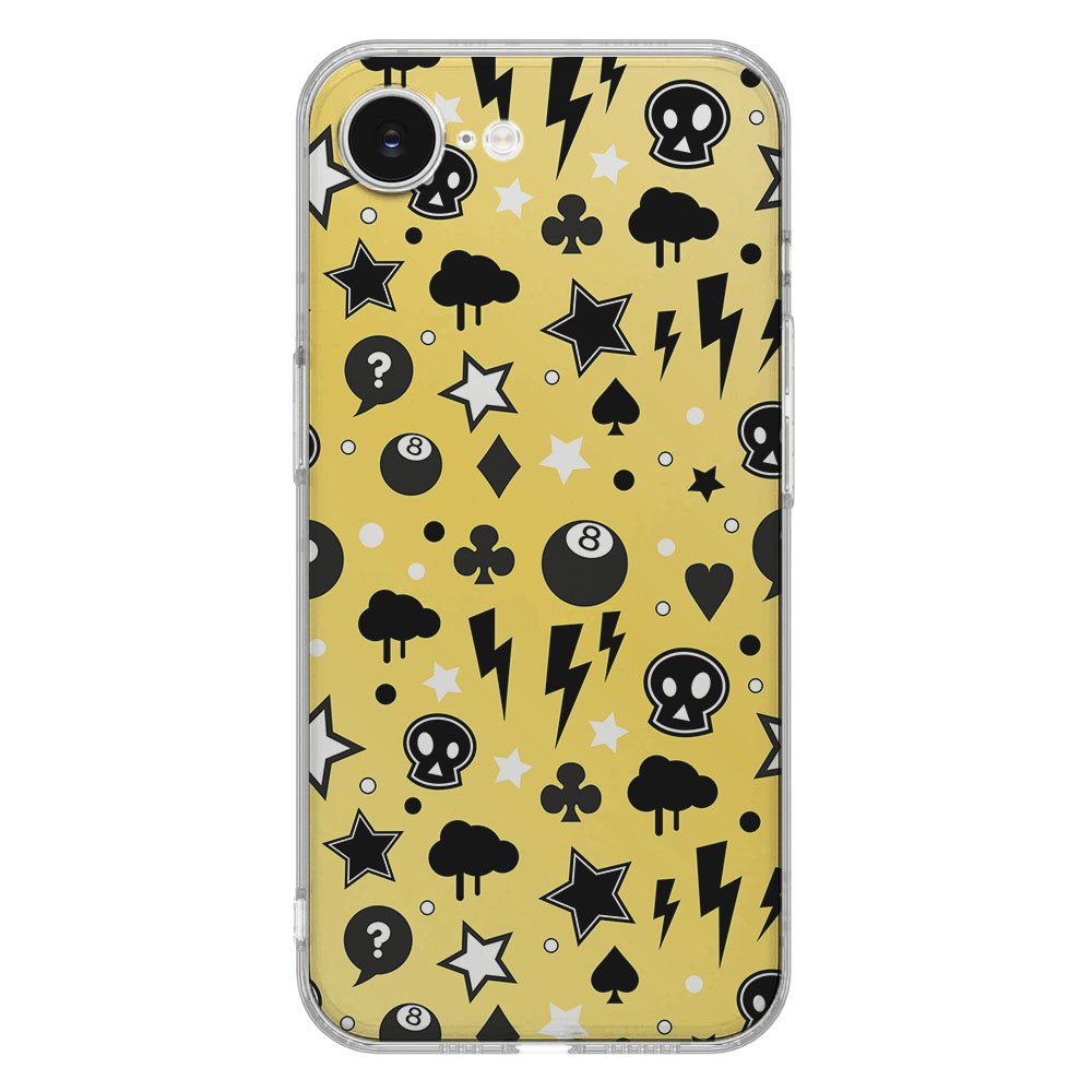 TPU Hoesje iPhone 16e - Punk Yellow Backcover met zwart-witte ontwerpen op een gele achtergrond.