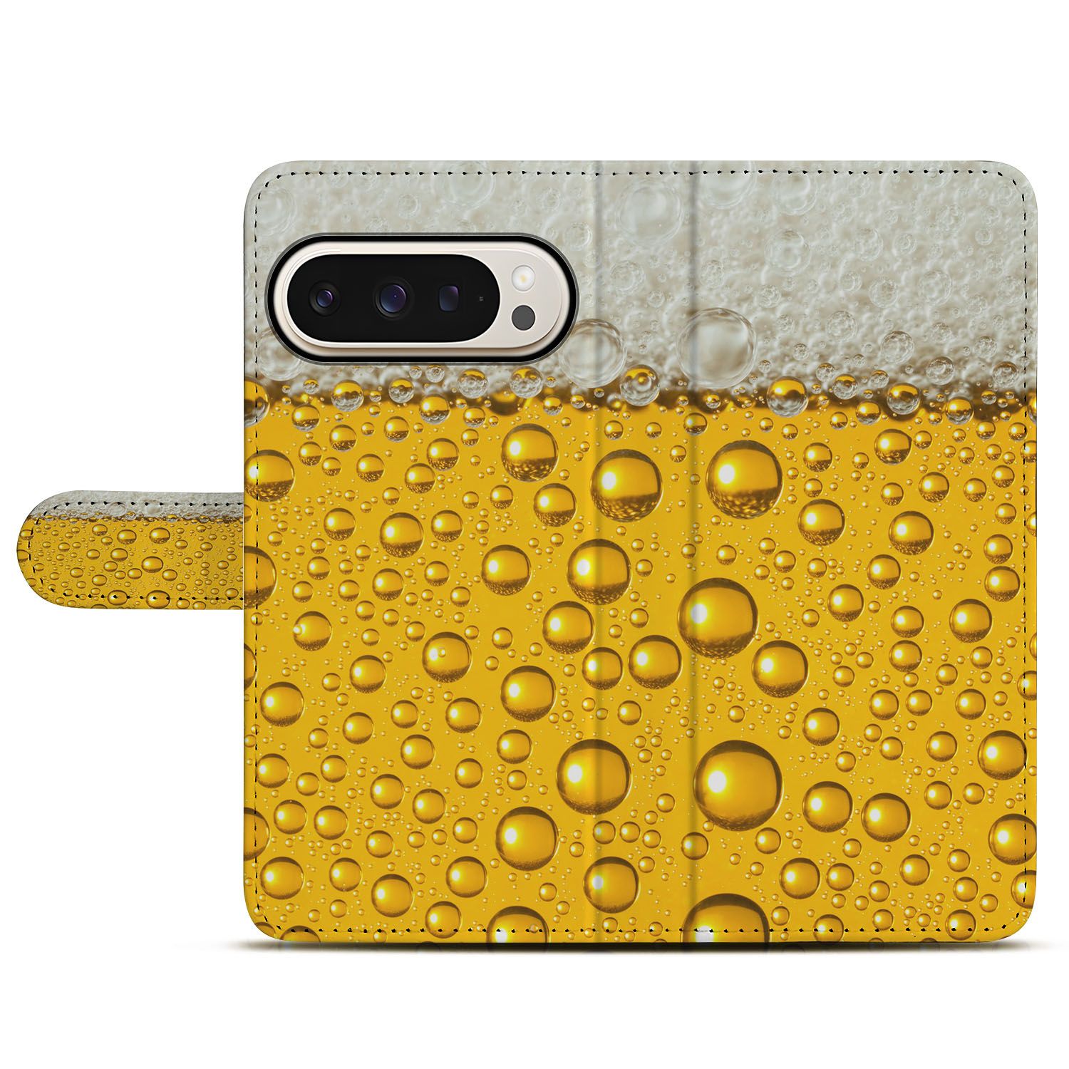 Google Pixel 10 Pro XL Book Case Met Bier Print Geel Schuim Design Hoek