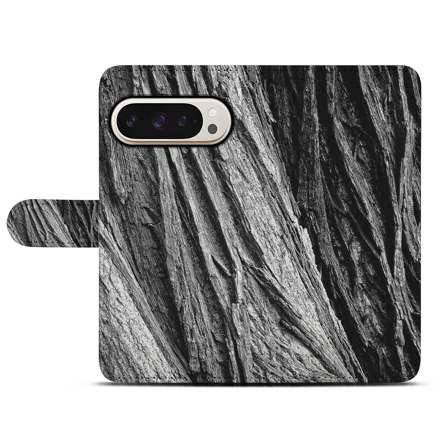 Book Case Google Pixel 10 Pro XL Boomschors Grijs Rustiek design bovenaanzicht
