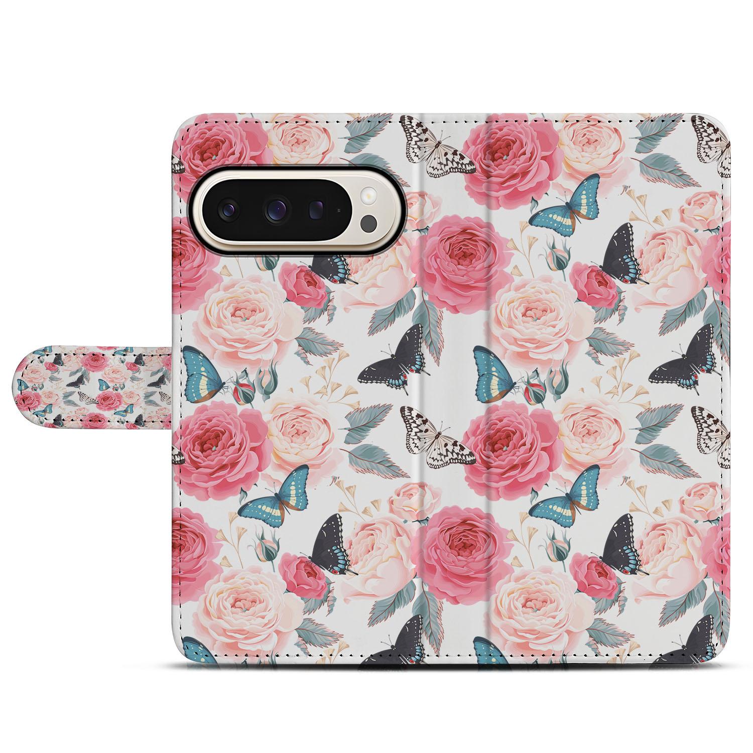 Google Pixel 10 Pro XL Telefoonhoesje Roze Butterfly bookcase hoesje design roze rozen vlinders aanzicht