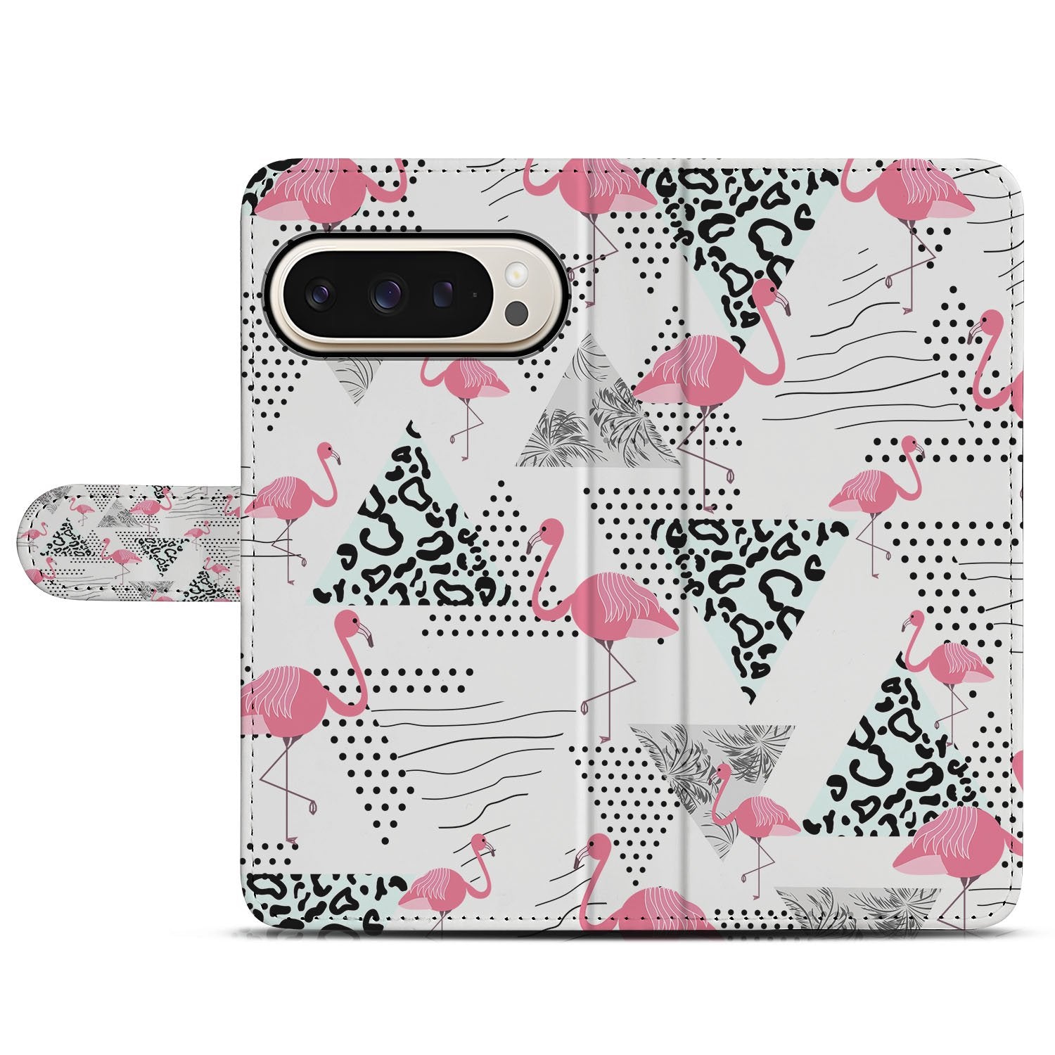 Google Pixel 10 Pro XL Stijlvolle Flamingo Triangle Design book case hoesje aanzicht