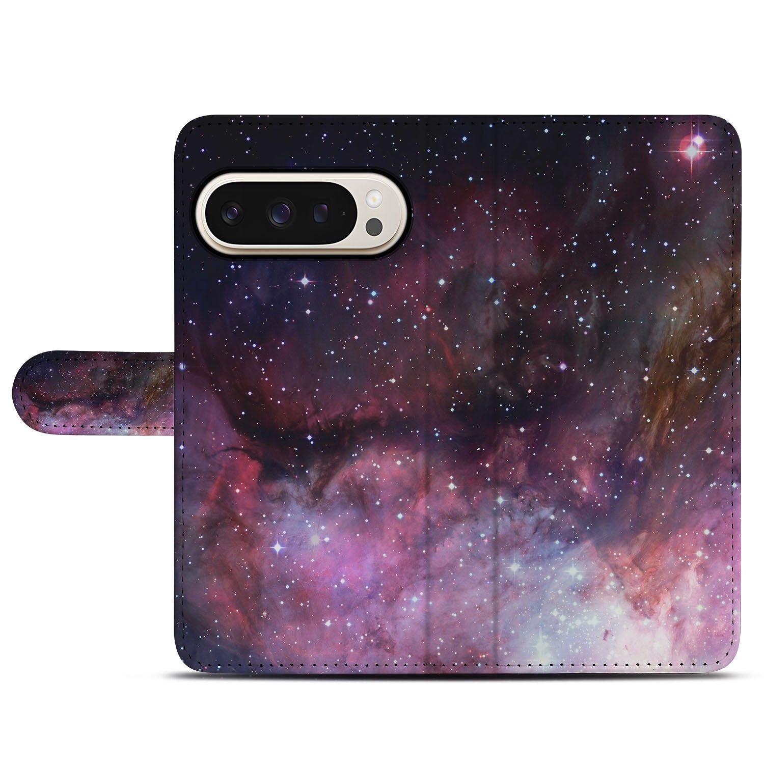 Google Pixel 10 Pro XL Bookcase Hoesje Heelal Design in PU Leer Grijs met Paars Patroon voorkant