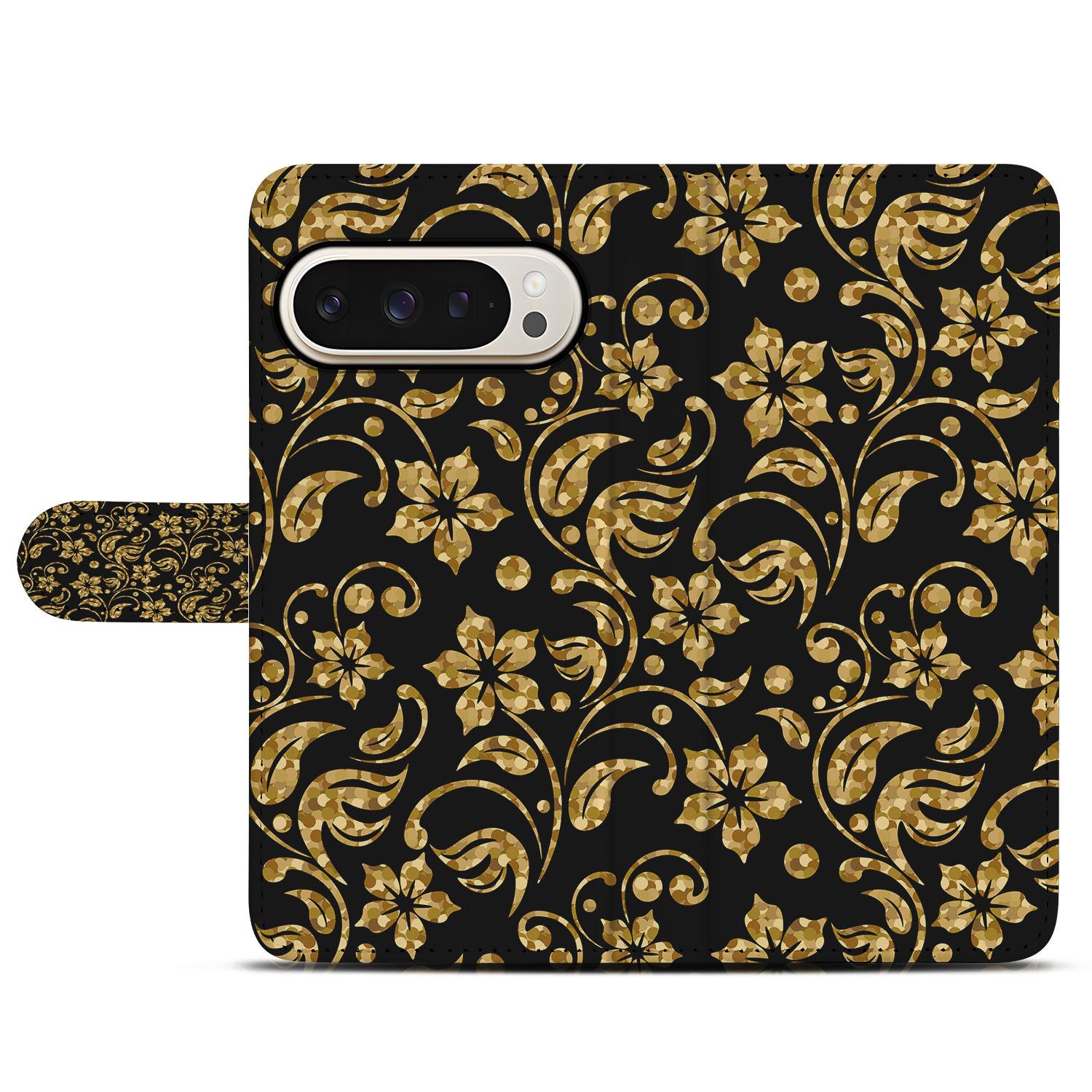 Google Pixel 10 Pro XL Elegant Gouden Bloemen Design Bookcase Hoesje aanzicht