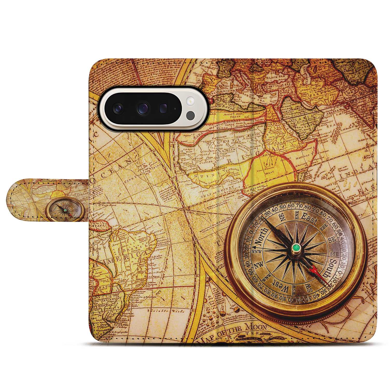 Book Case Google Pixel 10 Pro XL Kompas Design Cadeau Geel Oranje voorkant kaart kompas