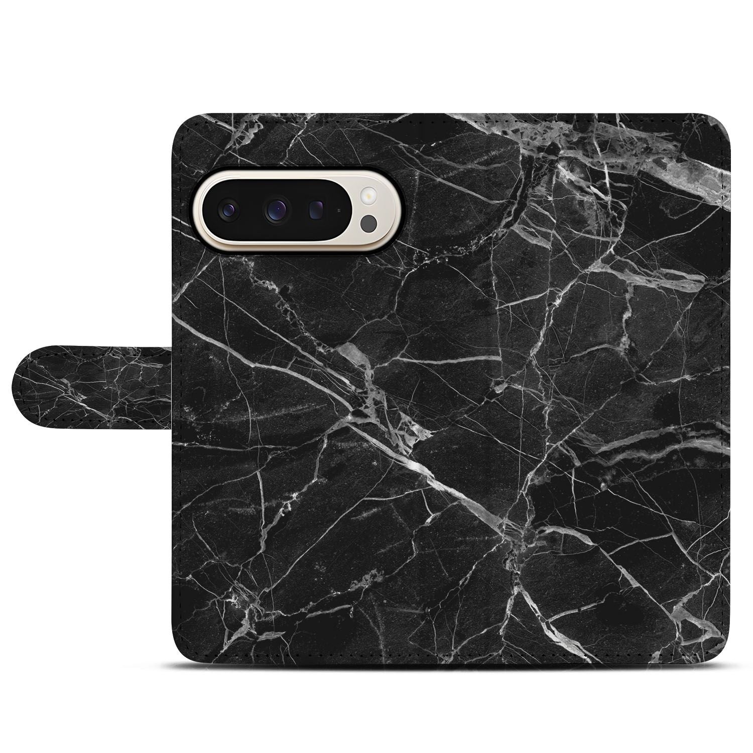Google Pixel 10 Pro XL Book Case Zwart Marmer Met Pasjesvak Cadeau zwart marmer achterkant