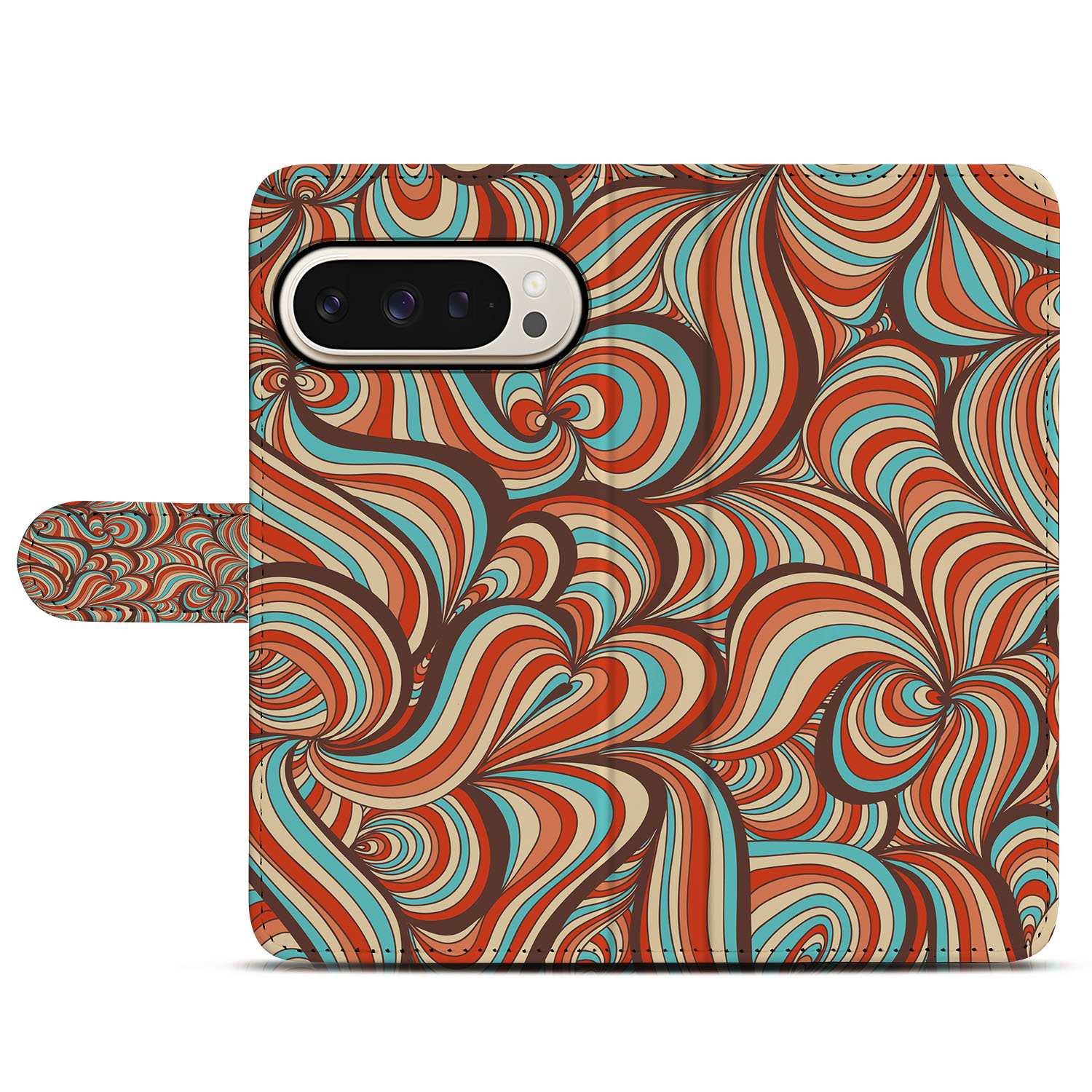 Retro Google Pixel 10 Pro XL Book Case & Portemonnee Hoesje retro patroon warme tinten turquoise bruin