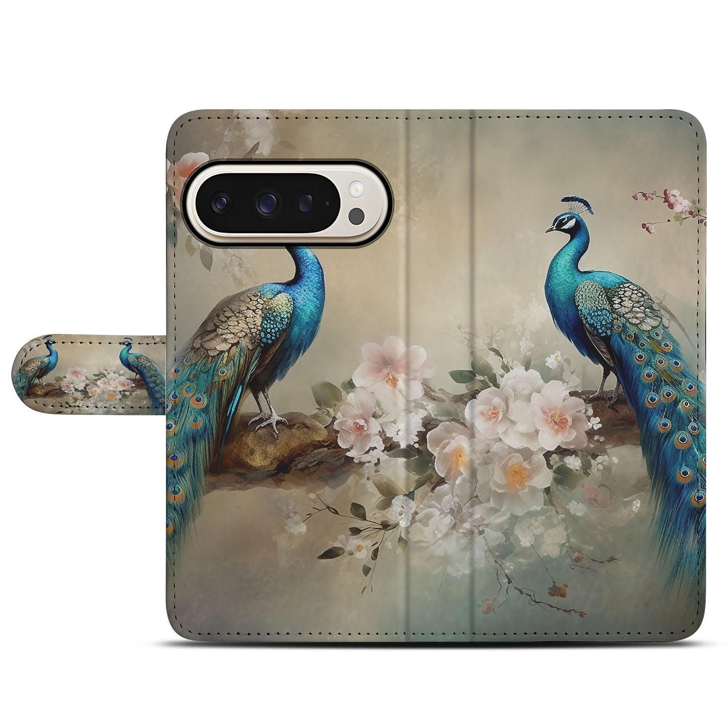 Vintage Pauwen Boekhoesje Google Pixel 10 Pro XL Portemonnee Hoesje voorkant multikleurig ontwerp
