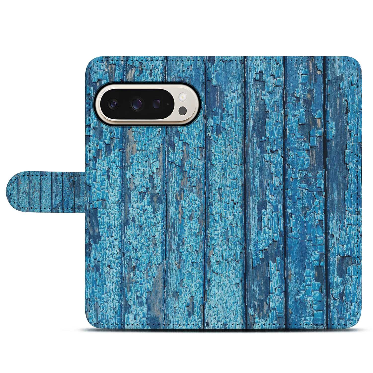 Google Pixel 10 Pro XL Afgebladderd Blauw Hout Portemonnee Hoesje voorkant