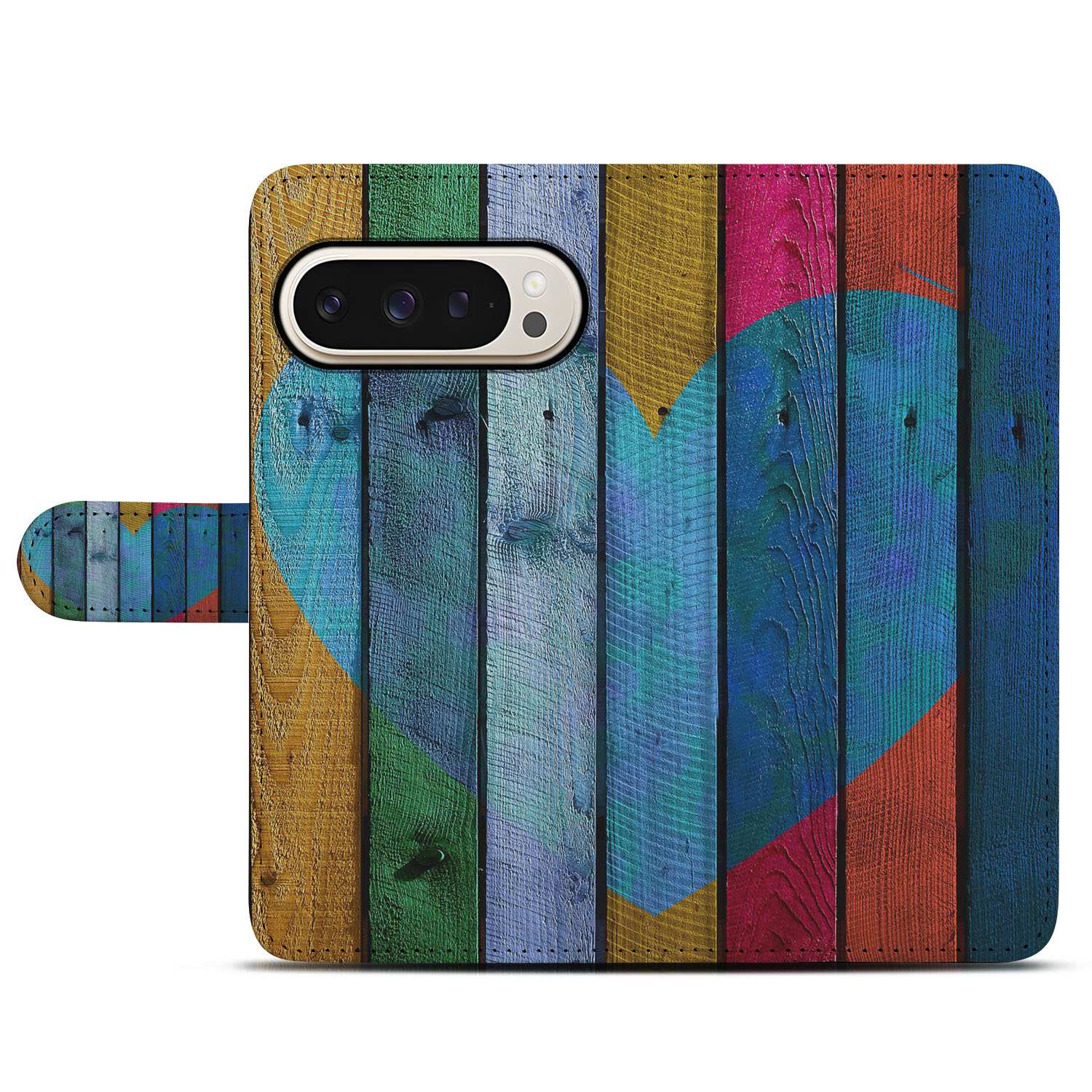 Portemonnee Hoesje Google Pixel 10 Pro XL Wood Heart Bruin Met Pasjes designnaam kleurrijk aanzicht