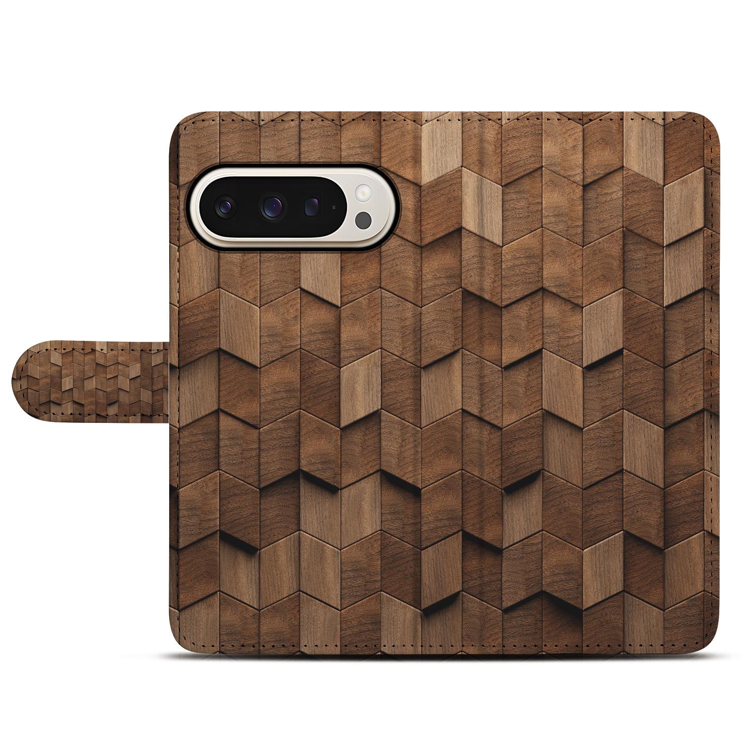 Google Pixel 10 Pro XL Bookcase Hoesje Bruin Houtprint Kubusprint aanzicht