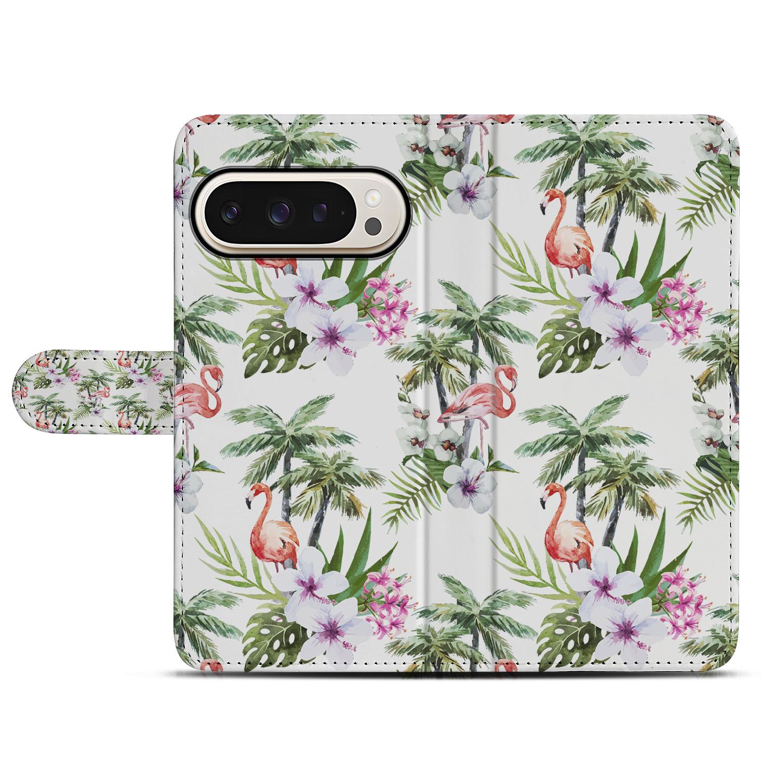 Google Pixel 9 | 9 Pro Telefoonhoesje met Pasjes Flamingo design flamingo bloemen palmbladeren aanzicht