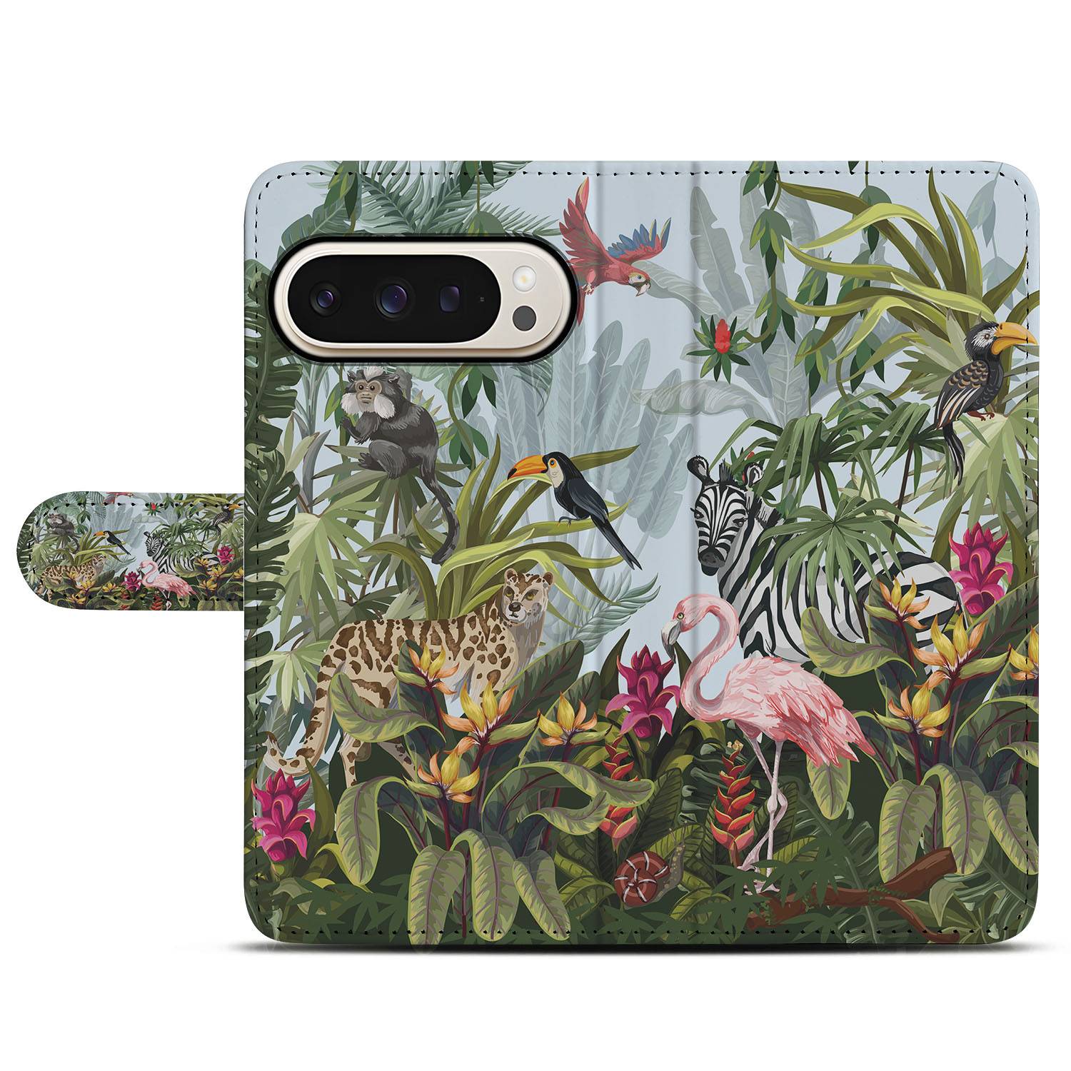 Google Pixel 9 9 Pro Telefoonhoesje met Pasjes Jungle dieren planten aanzicht