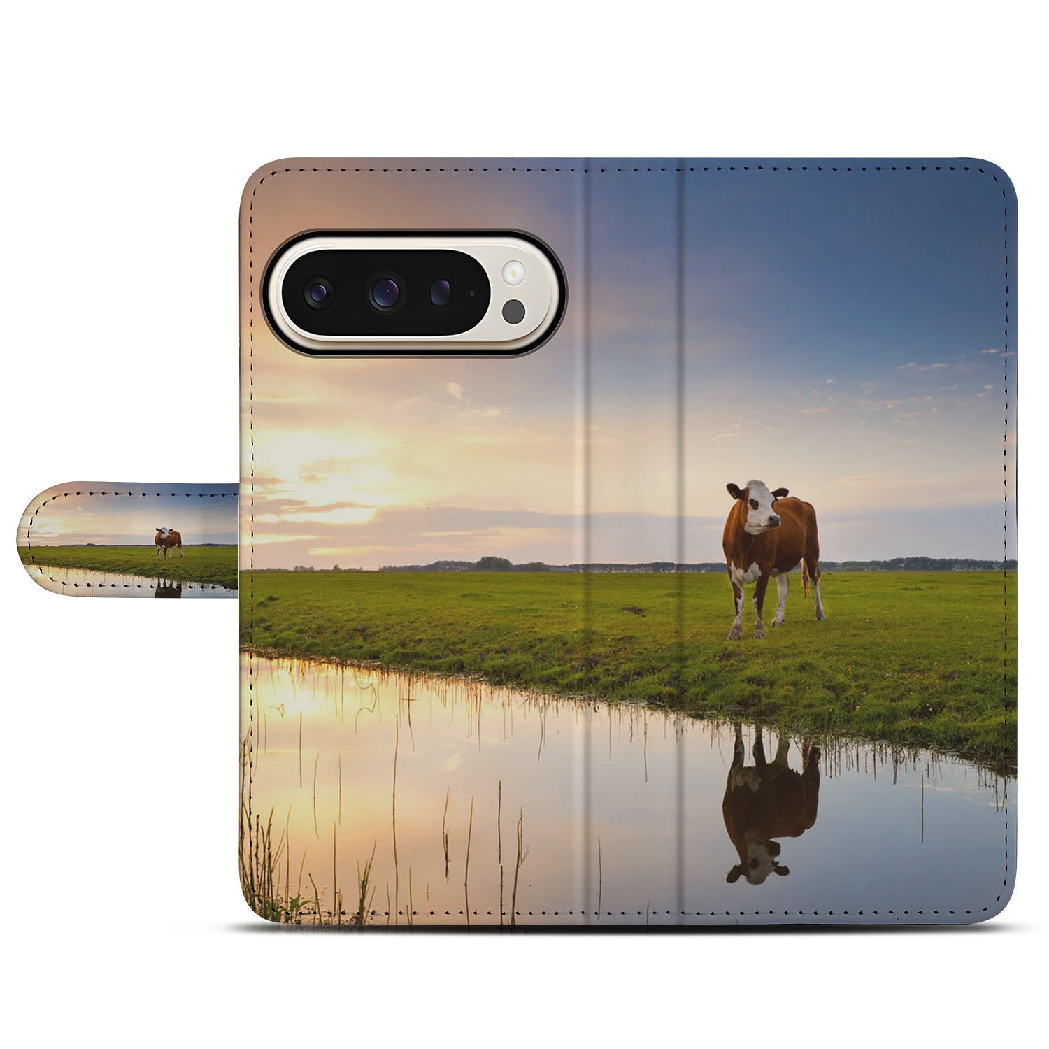Google Pixel 9 | 9 Pro Telefoonhoesje met Pasjes Koe koeien natuur weiland spiegeling