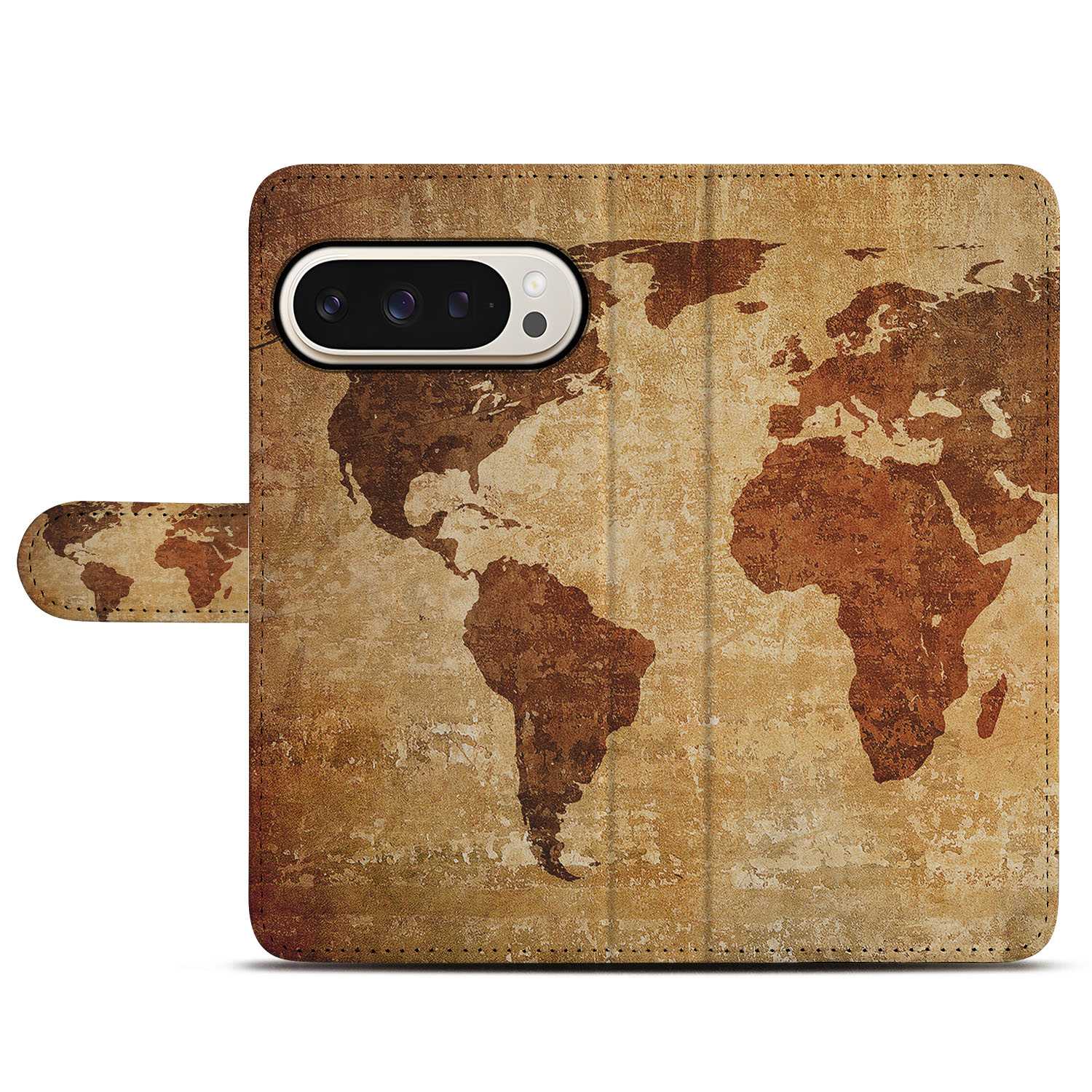 Google Pixel 9 | 9 Pro Flip Cover Wereldkaart wereldkaart bruin design voorkant