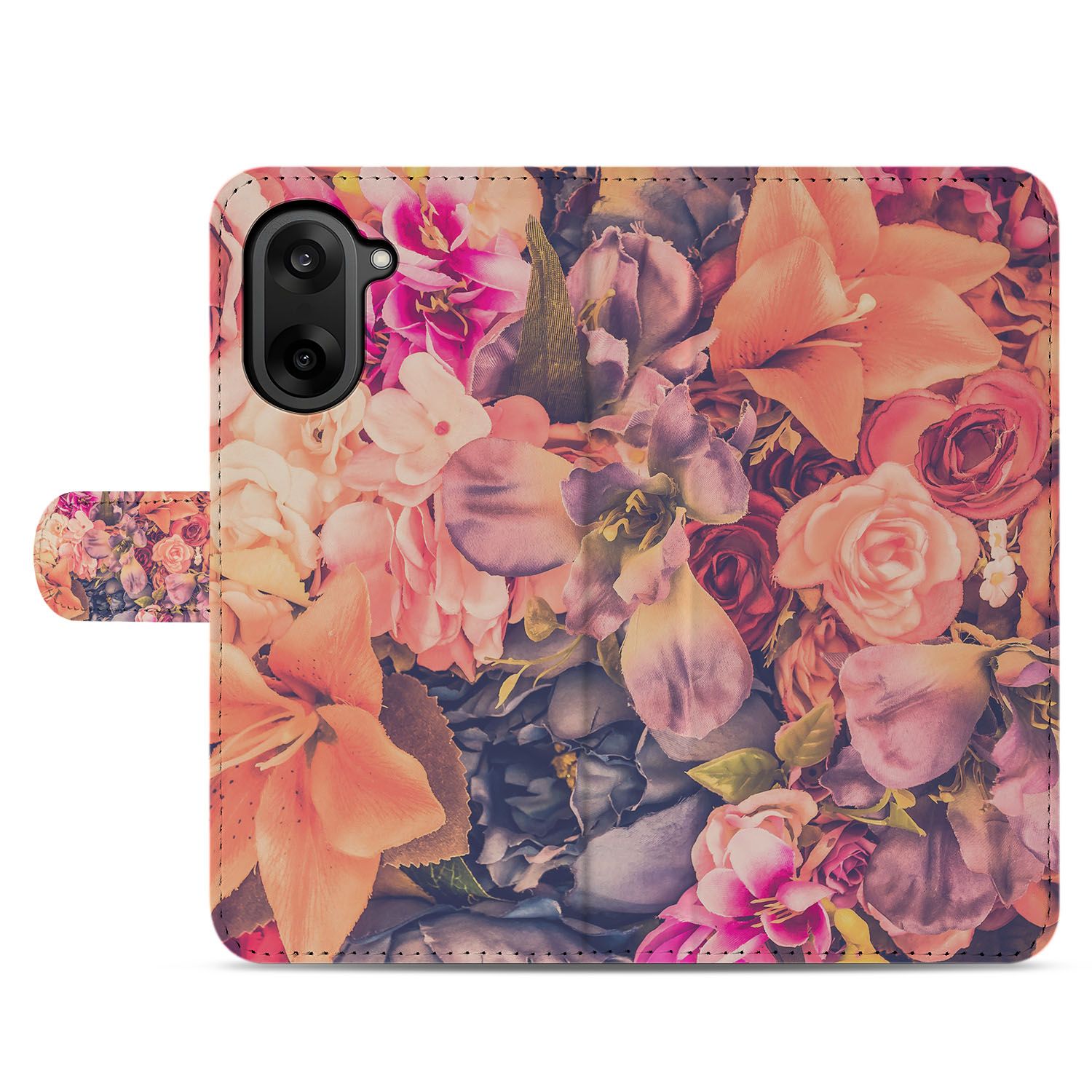 OnePlus Nord CE 5 Stijlvol Bosje Bloemen Roze Oranje Paars Bookcase Hoesje bloemenprint design aanzicht