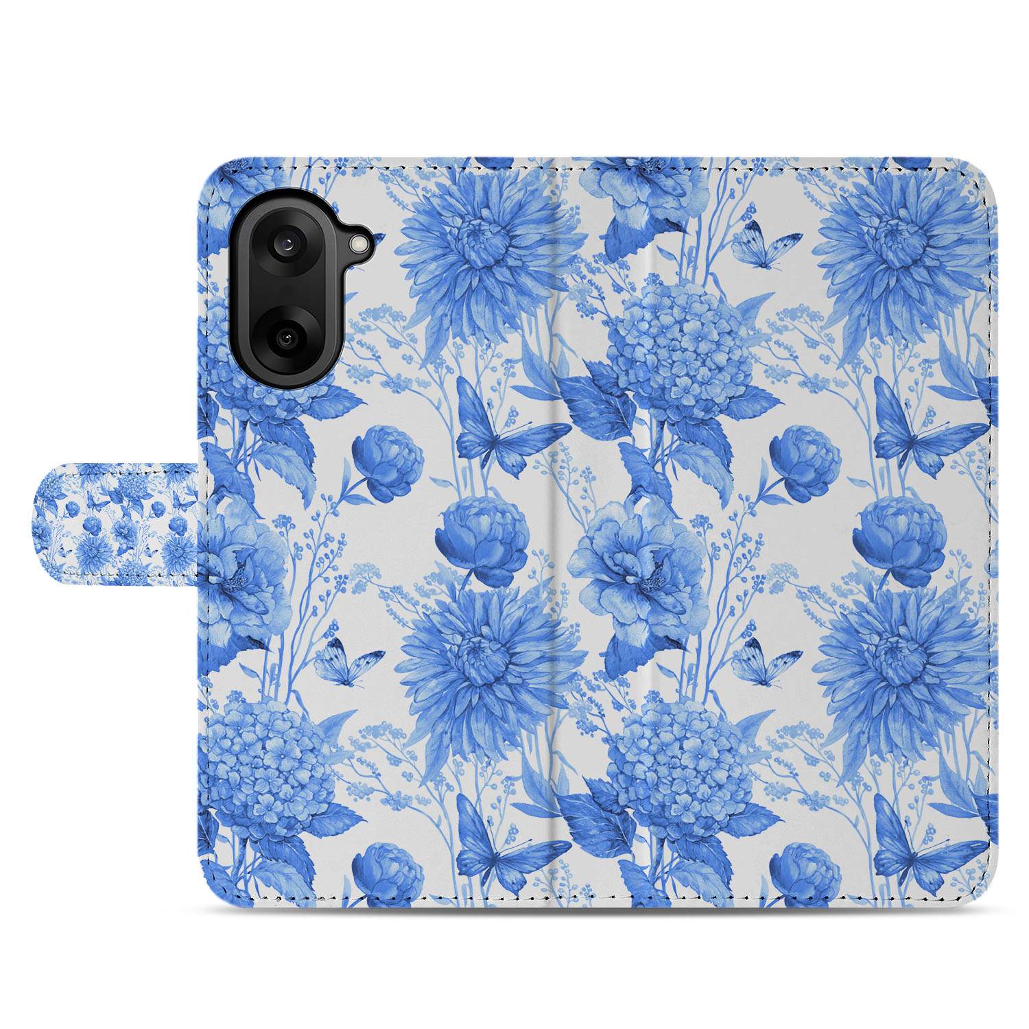 OnePlus Nord CE 5 Blauw Bloemen Hoesje Voor OnePlus Nord CE 5 Bookcase Hoesje Met PU-Leer En 3 Pasjesvakken aanzicht