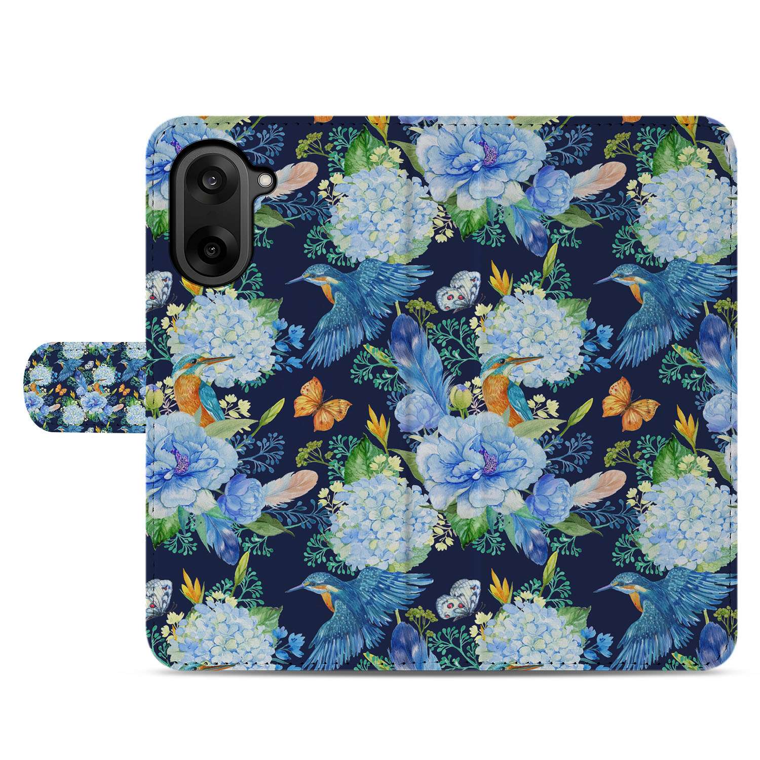 OnePlus Nord CE 5 Ijsvogel en Bloemen Design Bookcase Hoesje voorkant details