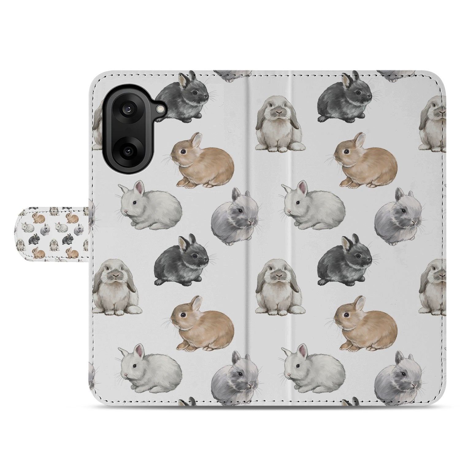 OnePlus Nord CE 5 Konijntjes Book Case Hoesje wit PU leer konijntjesprint vooraanzicht