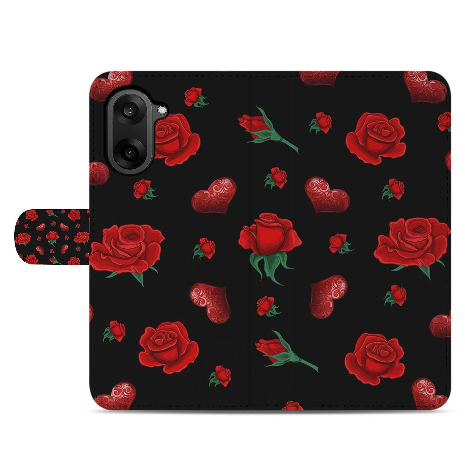OnePlus Nord CE 5 Book Case Valentine zwart rozen hartjes design aanzicht