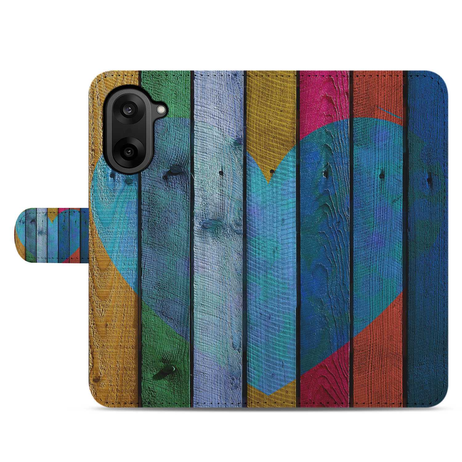 OnePlus Nord CE 5 Bookcase Hoesje Wood Heart Bruin voorkant met kleurige houten planken