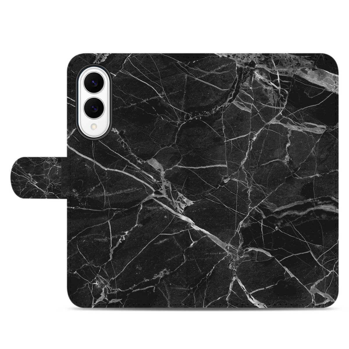 Samsung Galaxy S25 Edge Bookcase Marmer Zwart met zwart marmer design en magnetische sluiting voor optimale bescherming.