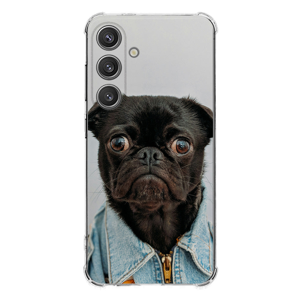 Custom Telefoonhoesje Samsung Galaxy S25 Plus – Anti-Shock Back Cover met een schattige hond in een spijkerjas.