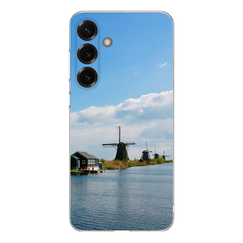 Samsung Galaxy S25 Plus hoesje – transparant TPU – zelf ontwerpen met afbeelding van molens en water.