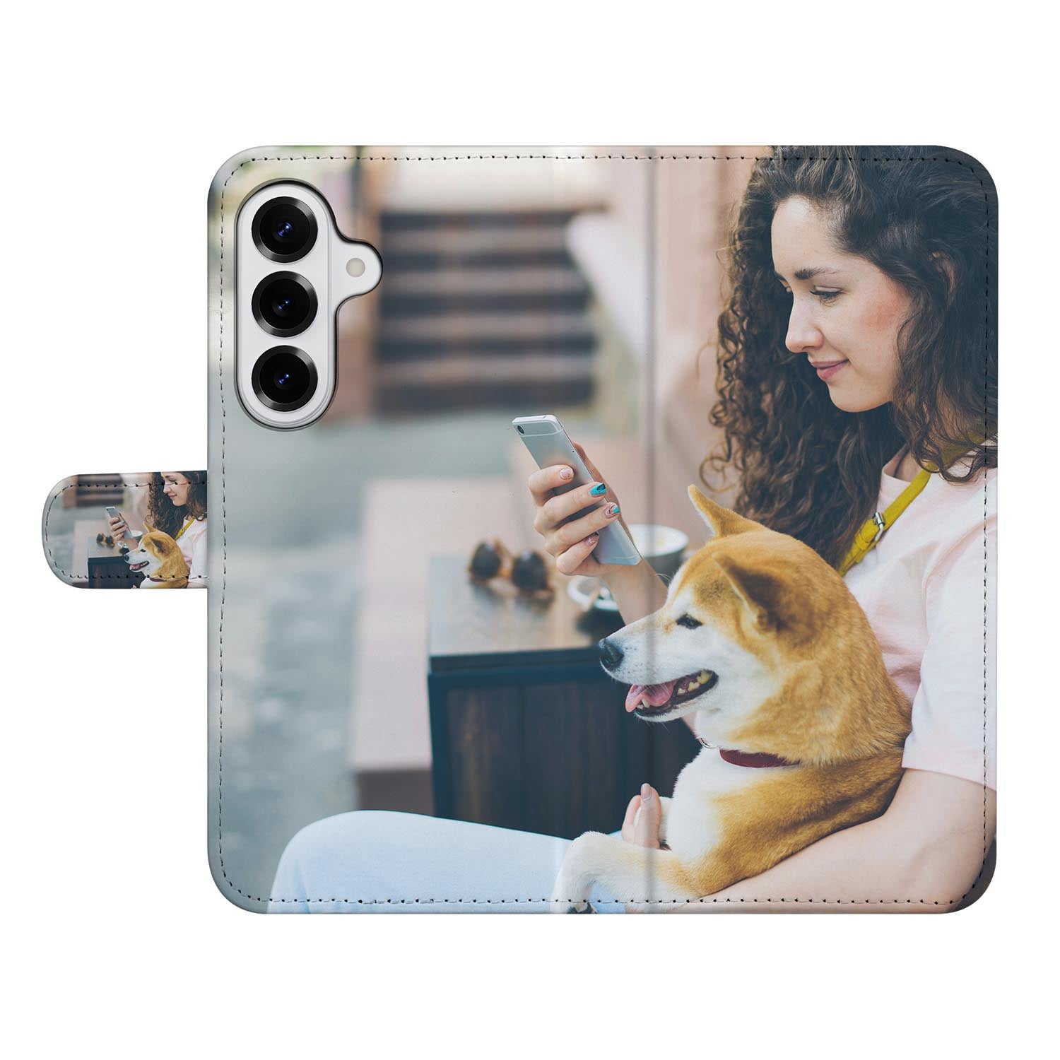 Samsung Galaxy S26 Plus Bookcase Hoesje Maken met Foto Naadloos Design Dierbare foto van vrouw met hond.