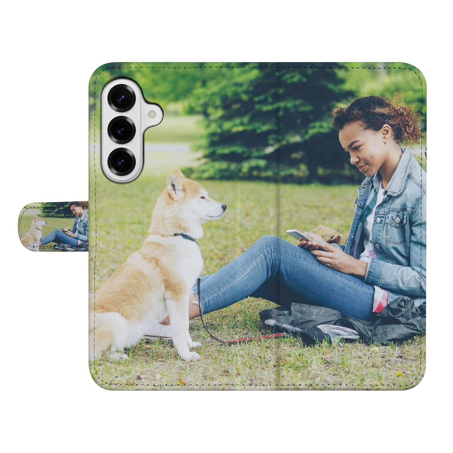 Samsung Galaxy S26 Plus Bookcase Hoesje Maken met Foto Naadloos Design Dierbare foto vrouw met hond in park.