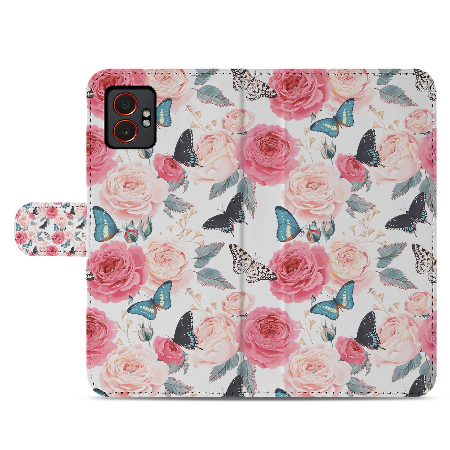 Portemonnee Hoesje Samsung Galaxy Xcover 7 Pro Roze Butterfly Roses bovenaanzicht bloemen vlinders