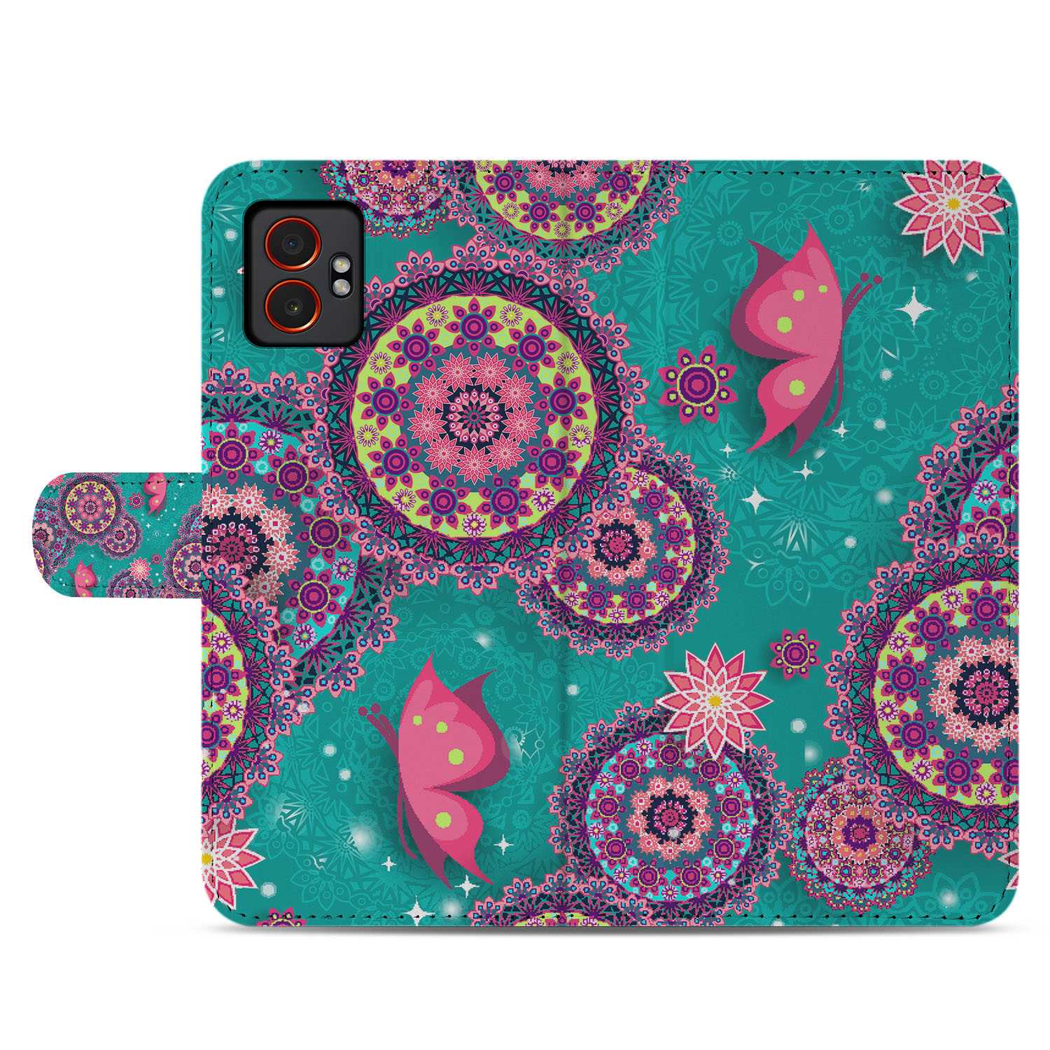 Cirkels en Vlinders Samsung Galaxy Xcover 7 Pro Book Case design mandala-vlinders voorkant