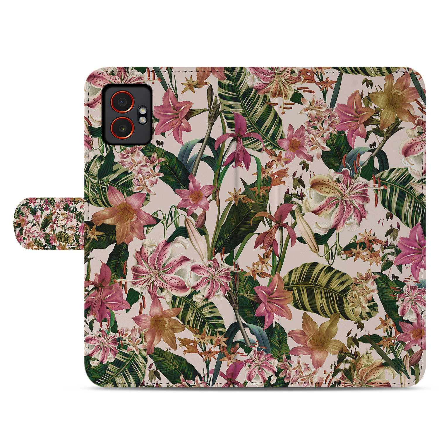 Portemonnee Hoesje Samsung Galaxy Xcover 7 Pro Paars Wit Bloemen bloemenprint achteraanzicht